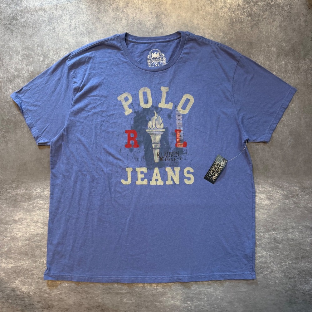 Vtg Polo Jeans Co Ralph Lauren T Shirt Mens XL Blue Torch Graphic Spell Out NWT